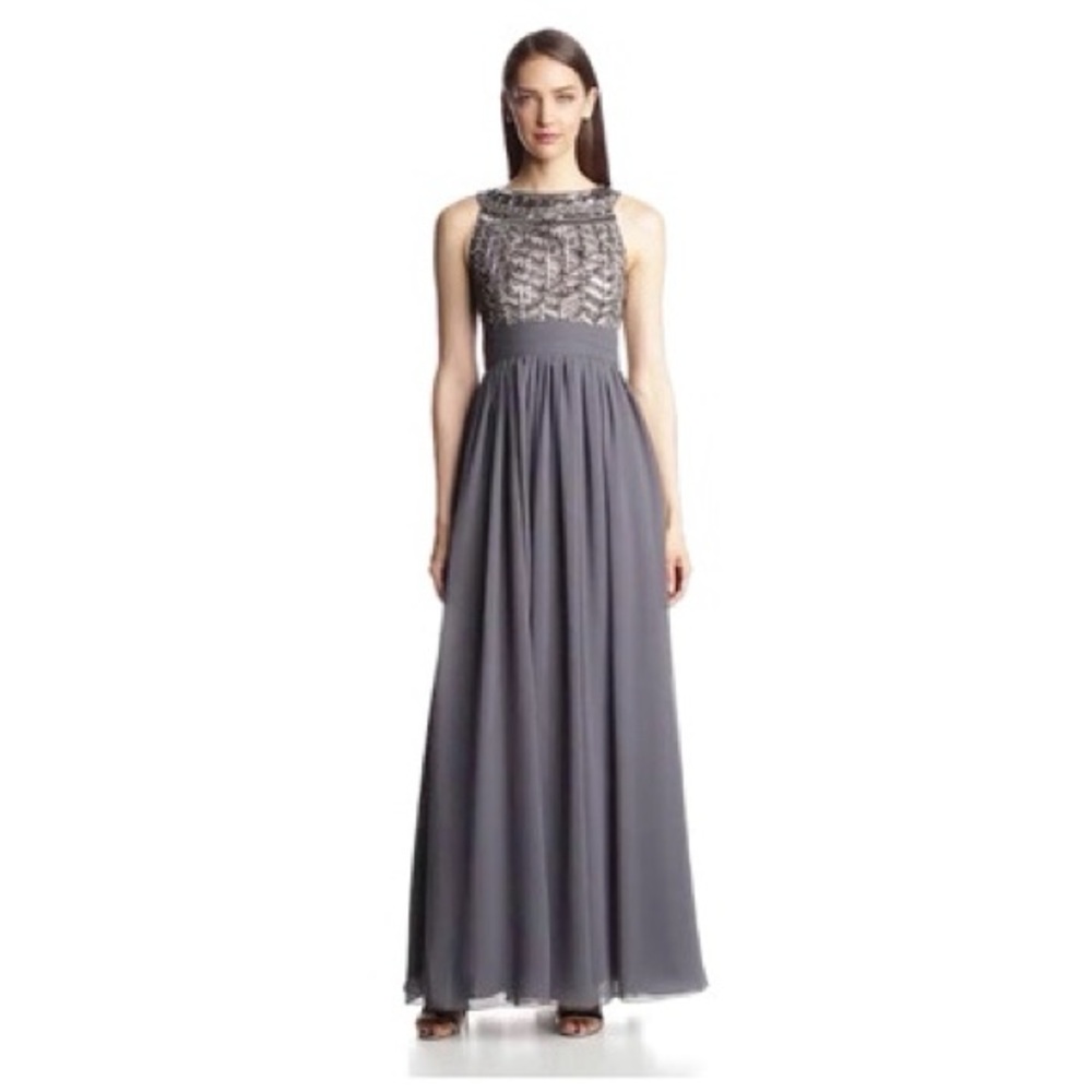 Betsy & Adam Sequin Gown Silver Purple Sparkle Bodice Dress Wave Pleated Elegant